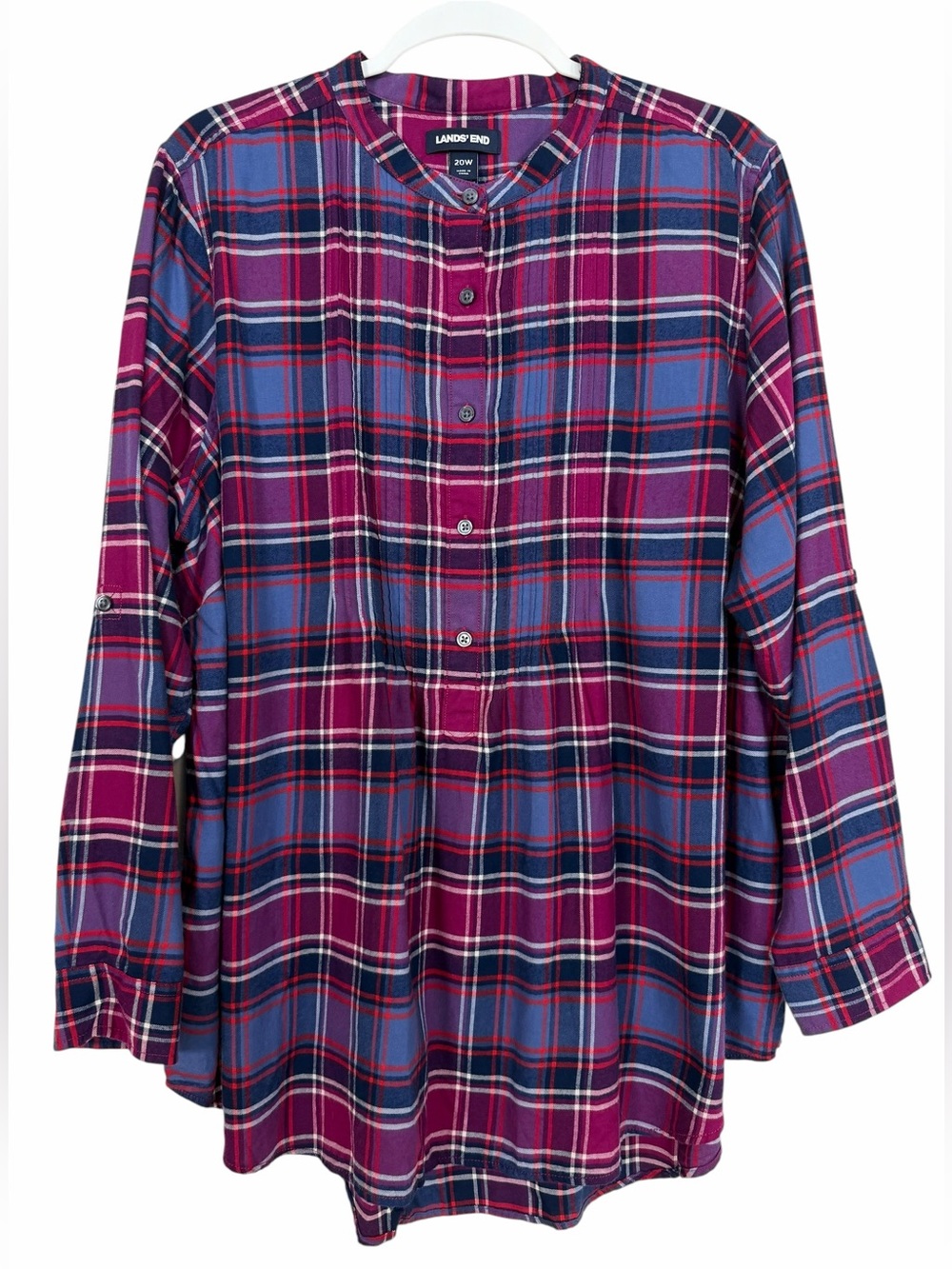Lands’ End Women’s Long Sleeve Pleated Plaid Flannel Shirt Tunic Purple Blue 20W